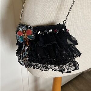 Mary Frances Black Lace Beaded Crossobdy Clutch Glass Dragonfly 8" x 4"